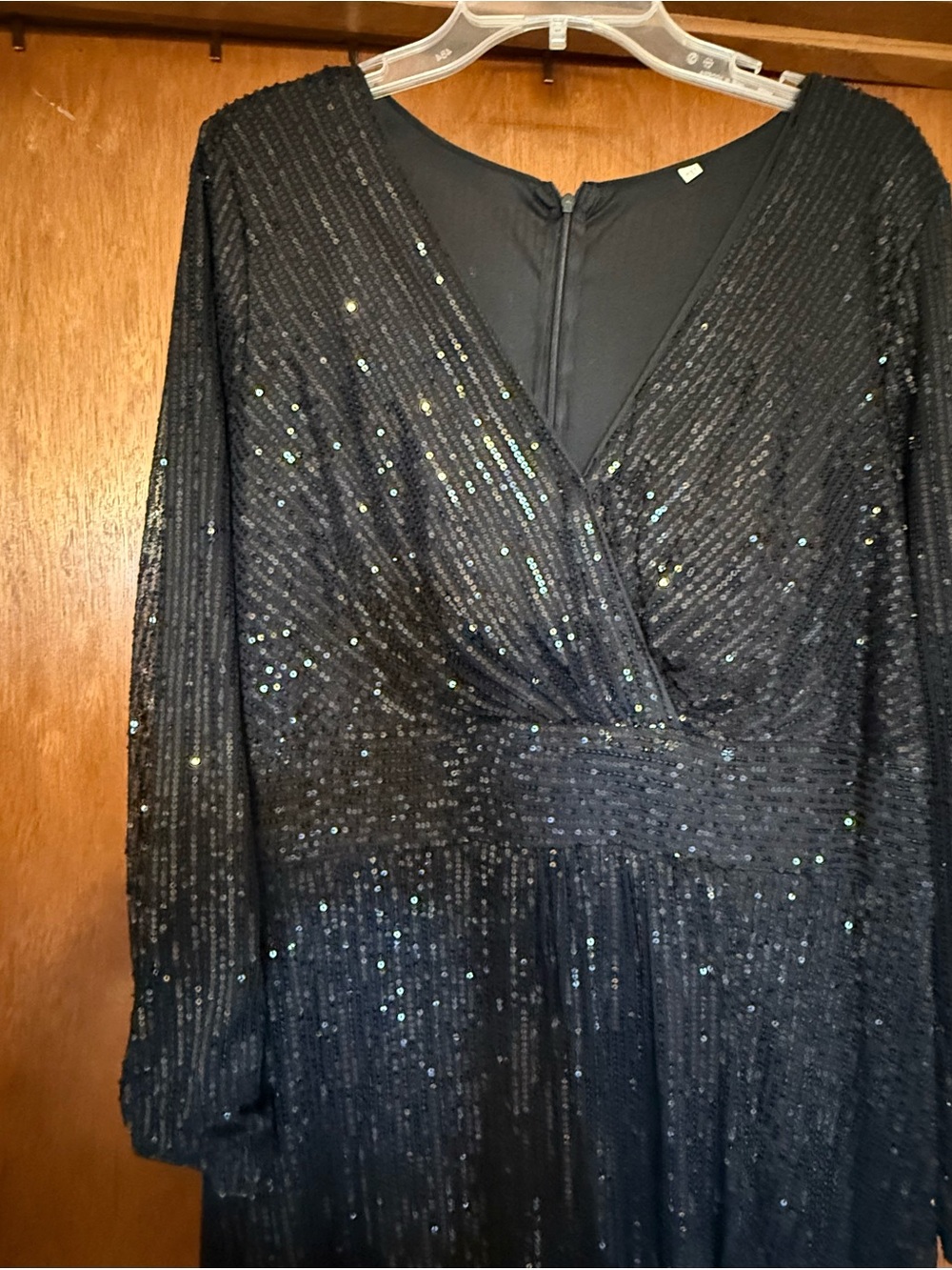 Black Sequin Long-Sleeve Wrap Bodice Evening Dress Size 16